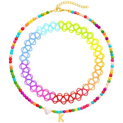 BodyJ4You 2PC Choker Initial Necklace for Kids - Letter K Pendant Heart Charm Goldtone Y2K Boho Beaded Collar - Personalized Gift Teen Girl Jewelry Children Jewelry - Beach Vacation Summer Accessories