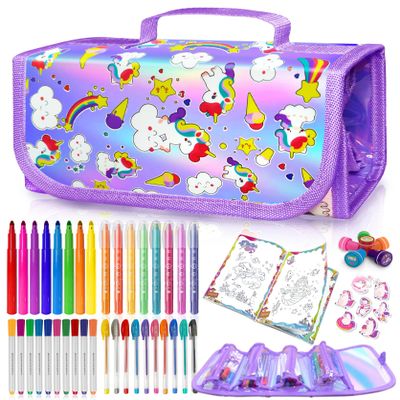 56 PCS Washable Scented Markers with Glitter Pencil Case, Unicorn Arts and Crafts for kids 4-6-8 Kids Coloring Drawing Kits for 4-8 Years Old Girls Xmas Gifts Stocking Stuffers (Purple, Purple)