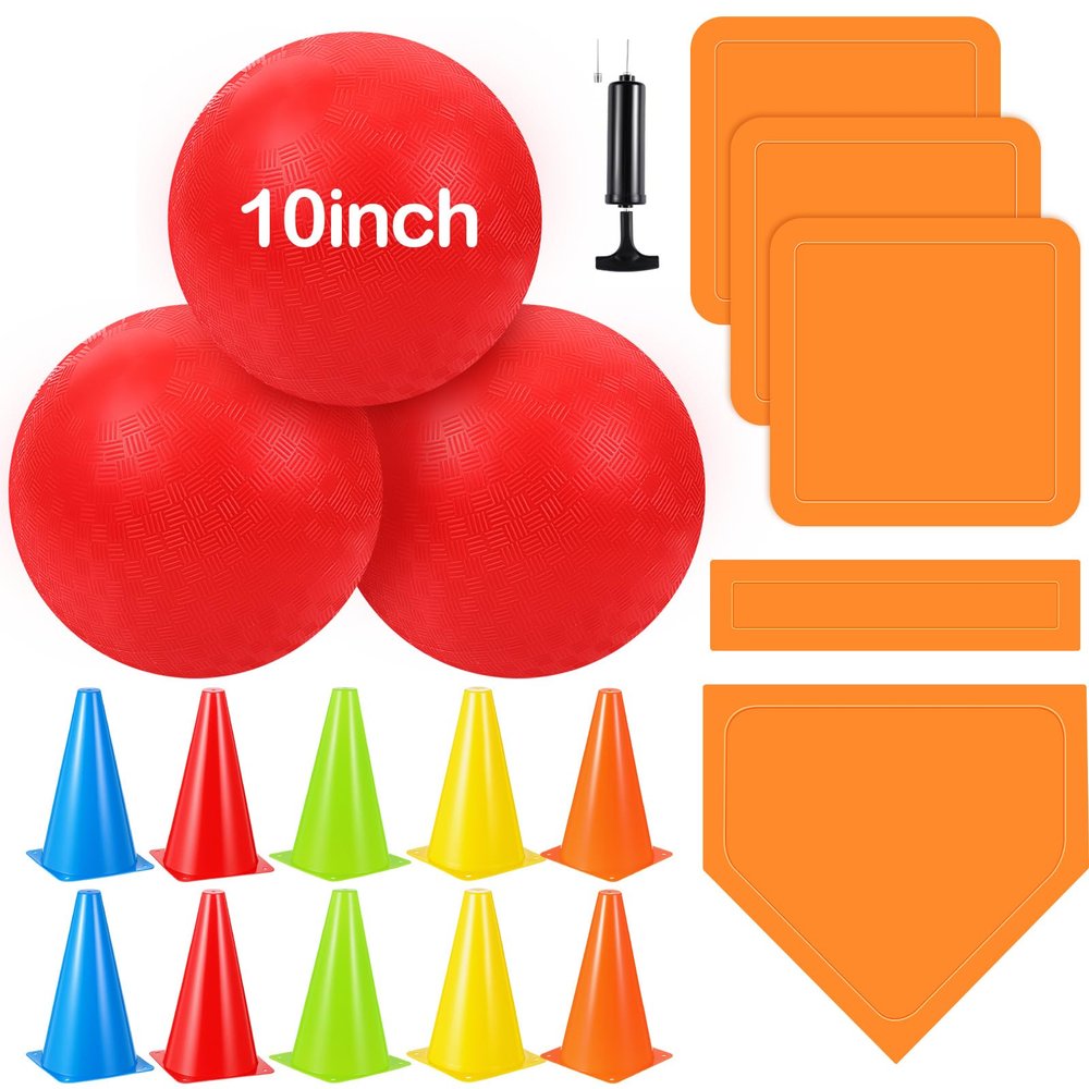 Jenaai 20 Pcs Sports Kickball Set, 3 10'' Playground Ball, 5 Rubber Throw Down Bases, Ball Pump, Net Bag, 10 Foul Line Cones, Kickball All in One Kit for Kids Adults Playground Backyard Game(Orange)