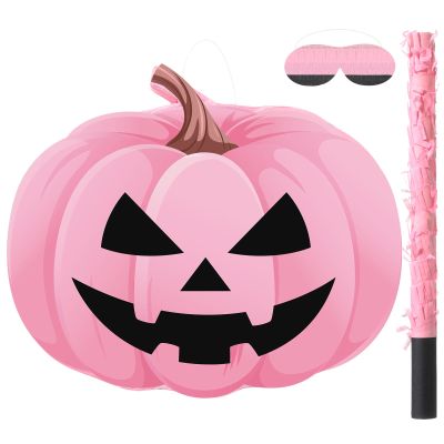 Aoriher Pumpkin Piata Pink Halloween Piata Pink Pumpkin Party Game Set with Bat Stick Blindfold Mask for Halloween Holiday Theme Festival Birthday Party Game Activities Supplies Decoration(Weird)