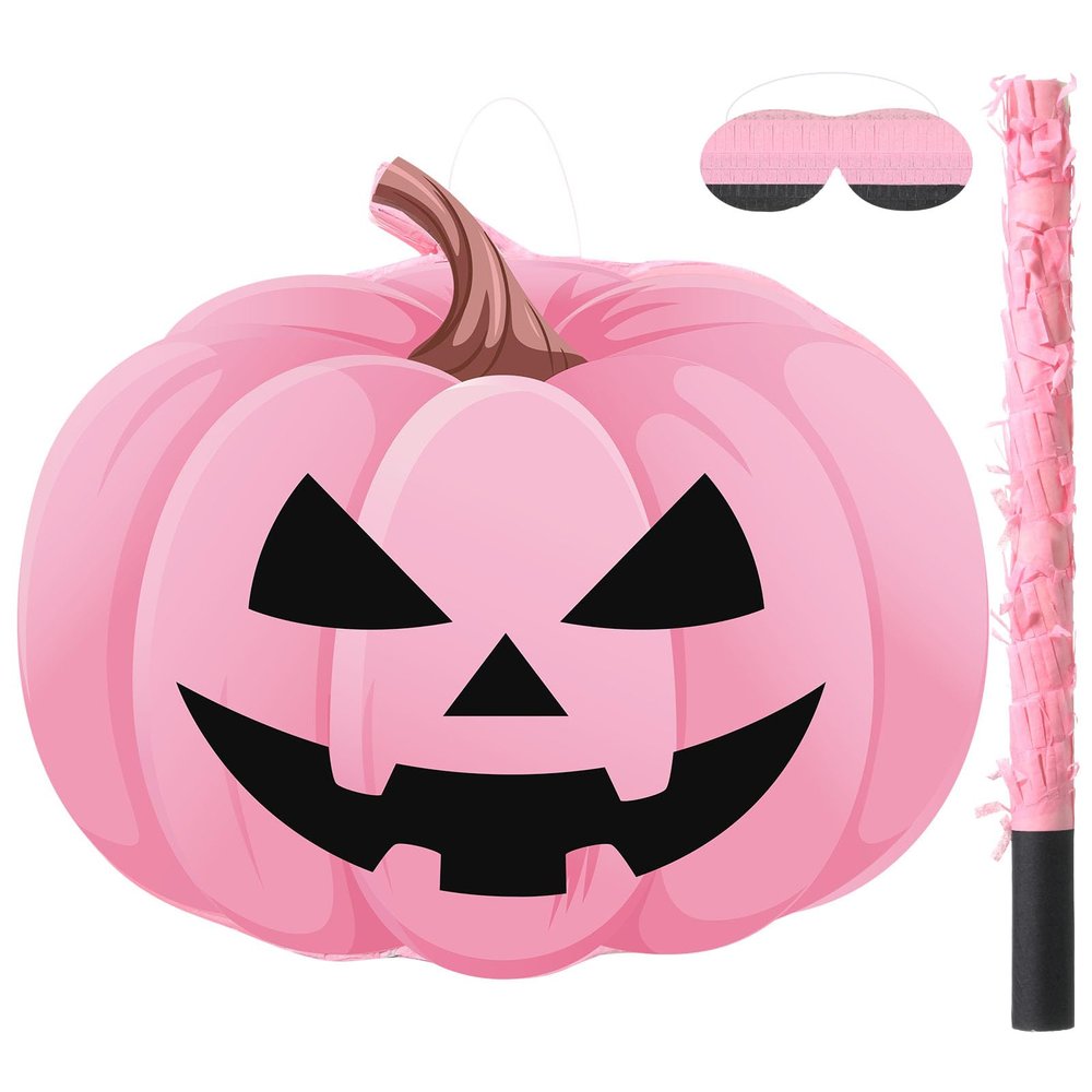 Aoriher Pumpkin Piata Pink Halloween Piata Pink Pumpkin Party Game Set with Bat Stick Blindfold Mask for Halloween Holiday Theme Festival Birthday Party Game Activities Supplies Decoration(Weird)