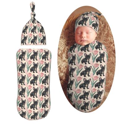 Muishi Black French Bulldog and Tulips Newborn Swaddle Blankets Hat Sets Soft Baby Receiving Blanket Swaddle Sack for Baby Shower Infant Boy Girl Gift