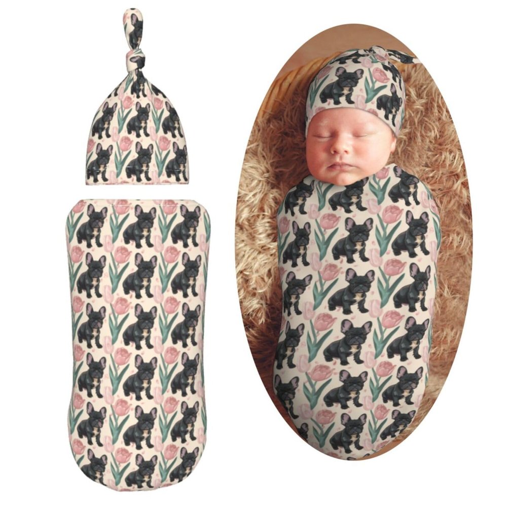 Muishi Black French Bulldog and Tulips Newborn Swaddle Blankets Hat Sets Soft Baby Receiving Blanket Swaddle Sack for Baby Shower Infant Boy Girl Gift
