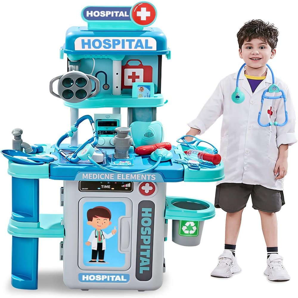 Doctor Kit for Kids 3-5, Toddler Play Set with Rolling Cart, Costume, and Stethoscope, Role Play Kids Doctors Set Educational Birthday Gift for Girls (Blue)