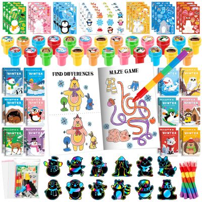 BenLouis Winter Party Favors Set Holiday Themed Coloring Book Classroom Gift Prizes Bulk for Students Kids Christmas Frozen Birthday Goodie Bag Stuffers Pinata Filler (48Set Animals)