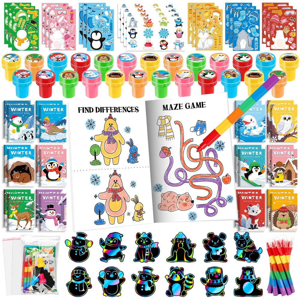 BenLouis Winter Party Favors Set Holiday Themed Coloring Book Classroom Gift Prizes Bulk for Students Kids Christmas Frozen Birthday Goodie Bag Stuffers Pinata Filler (48Set Animals)