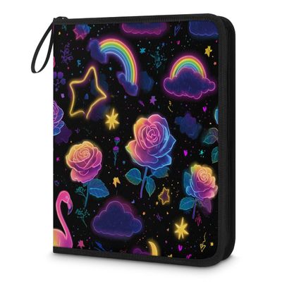 Kuquteed Cartoon Rose Trading Card Binder 4 Pocket 400 Cards Holder Collector Album with 50 Removable Sleeves Gifts for Boys Girls Neon Stars Rainbow Sports Game Cards