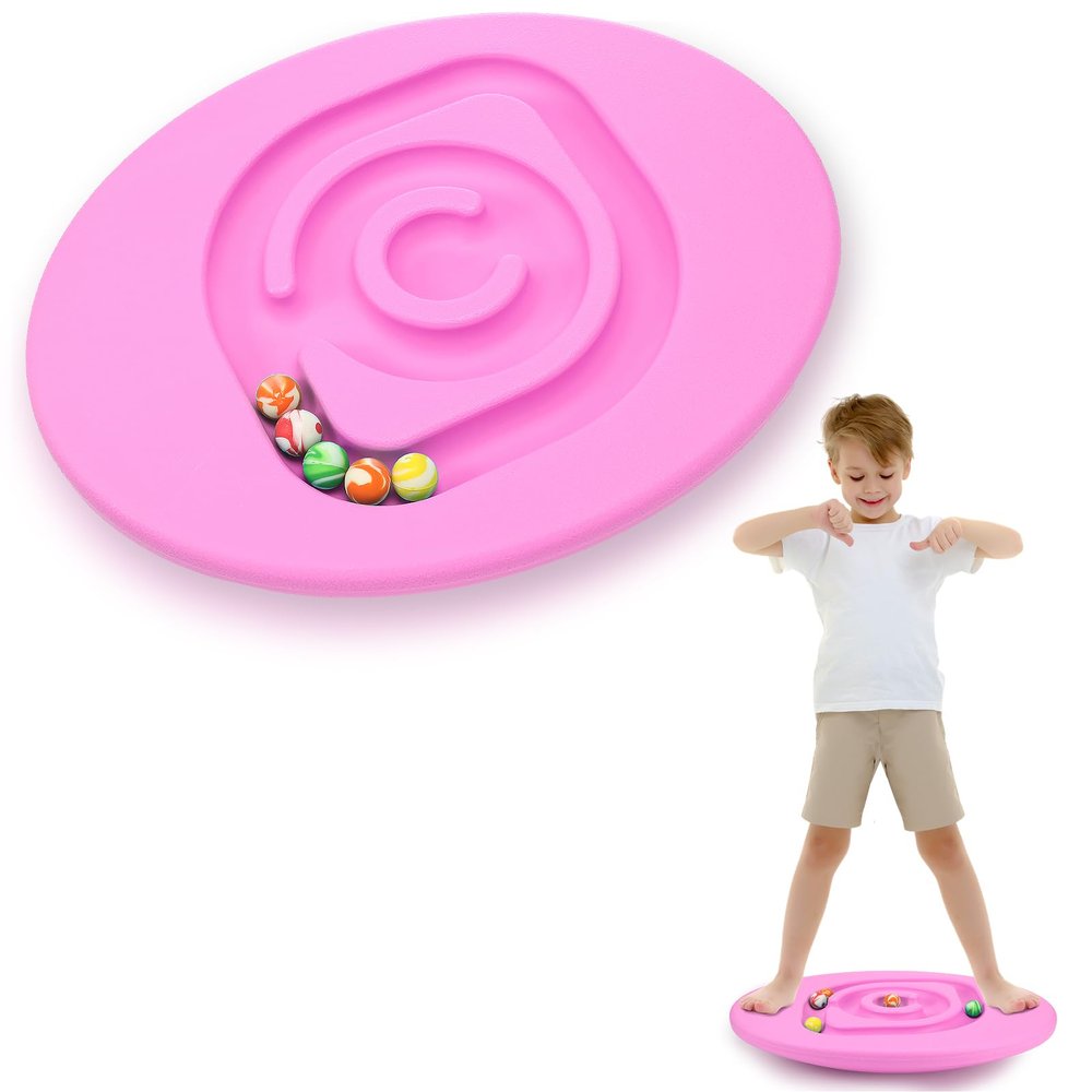 Seenelling Kids Maze Balance Board Plastic Wobble Rocker Balance Board with Mini Balls Load 170lb for Balancing Exercise Equipment Game Boys Girls Physical Therapy 18.5 x 14.57 Inch(Pink,Round)