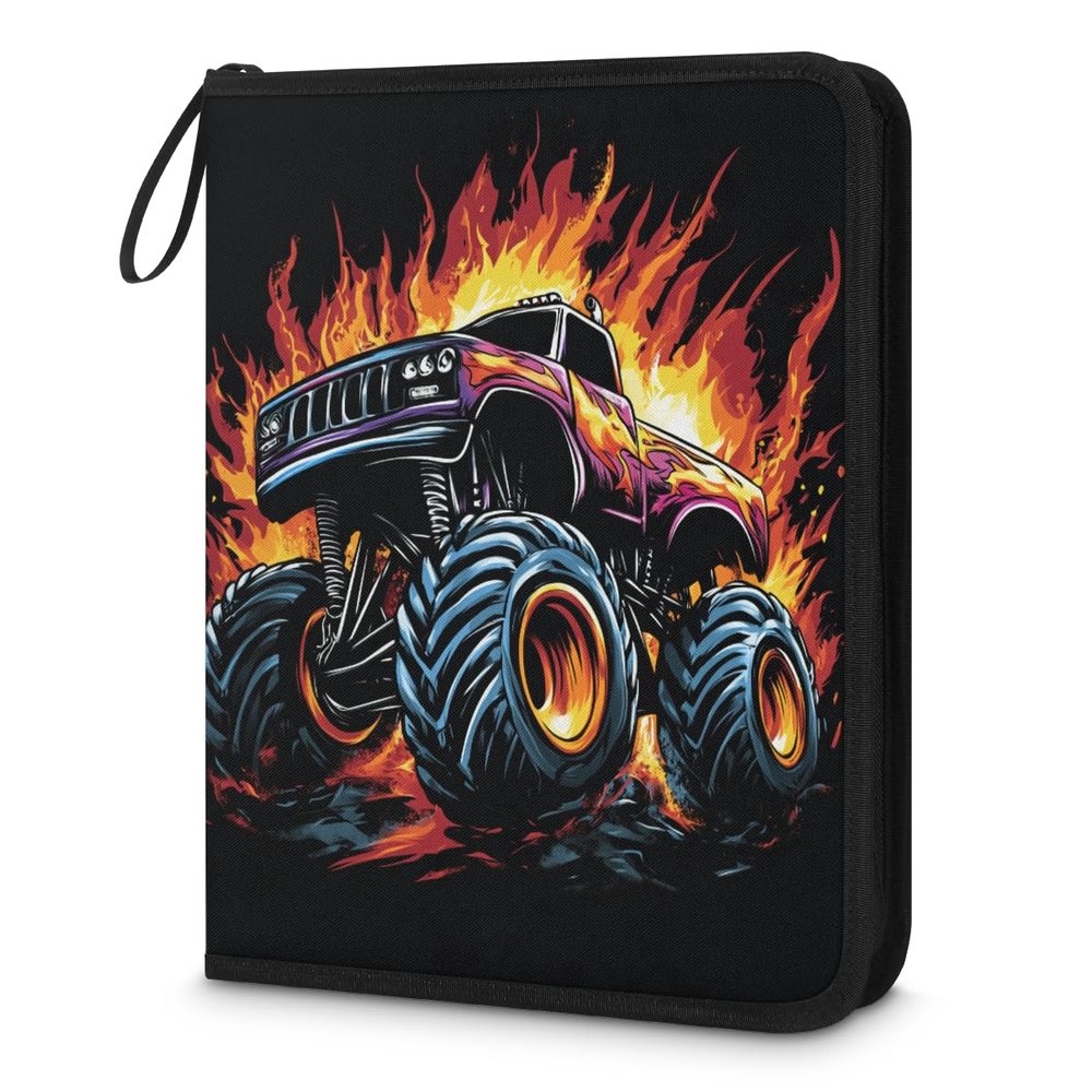 Kuquteed Monster Truck Trading Card Binder 9 Pocket 900 Cards Holder Collector Album with 50 Removable Sleeves Toys Gifts for Boys Girls Flame Sports Game Cards