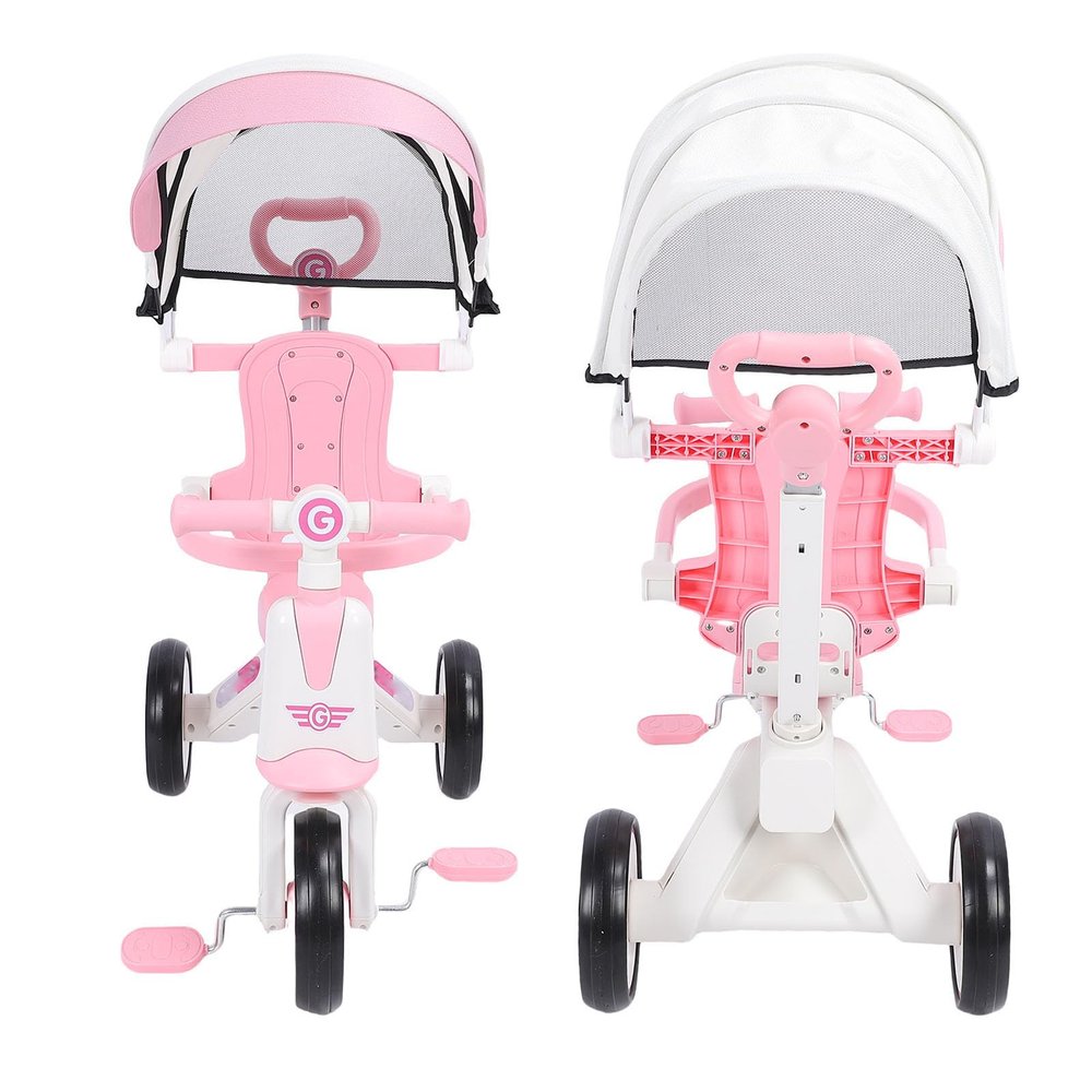 BTSEURY Baby Tricycle Push Handle Toddler Trike with Adjustable Height Removable Footrest Enlarged EVA Wheels for 18 Months to 5 Years Boys Girls (Roseate)