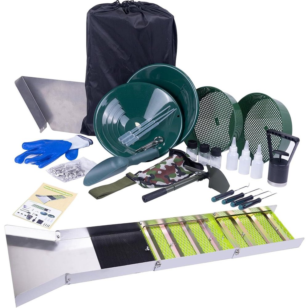 Asixxsix Complete Gold Mining Kit, 50" Folding Aluminum Alloy Gold Mining Equipment, Gold Prospecting Equipment with Pans, Sieves, for River Creek Prospecting