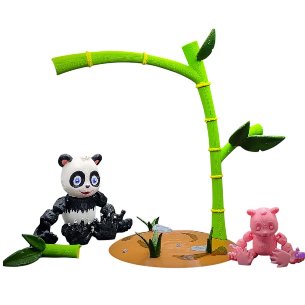 3D Printed Panda Figurine with Bamboo & Base  Paintable Articulated Animal Model Set for DIY Crafts, Shelf Displays & Dioramas  3D Printed in Canada