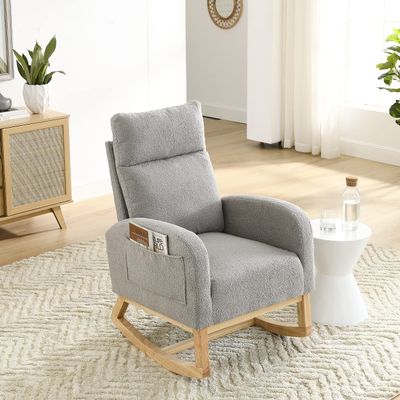 Modern Nursery Rocking Chair with High Backrest & Side Pockets - Gentle Rocker for Baby Room & Living Room, Ergonomic Pregnancy Chair (27.6" W)