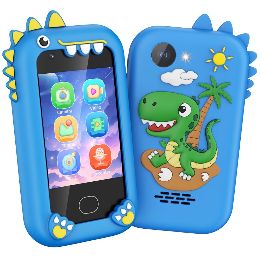 Gocina Kids Smart Phone, Touchscreen Dual Camera Cell Phone for Kids, Birthday Gifts Dinosaur Toddler Phone for Boys 3-10, 32GB(Blue)