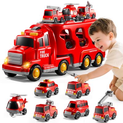 KIZONLY Fire Truck Toys for Toddler 1-3 3-5, 7-in-1 Fire Car Carrier Vehicle Set for Girls 1 2 3 4 5 6 Years Old, Transport Car with Light Sound, Birthdays Gifts for Kids Girls Aged 3-9