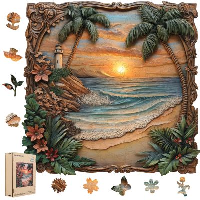 Pikoqunc Seaside Dusk Wooden Puzzles,200 Pieces 11.4x11.1 Inches,Laser-Cut Art Jigsaw with Challenging Irregular Pieces,Relaxing Brain Teaser and Elegant Gift for Adults and Puzzle Lovers