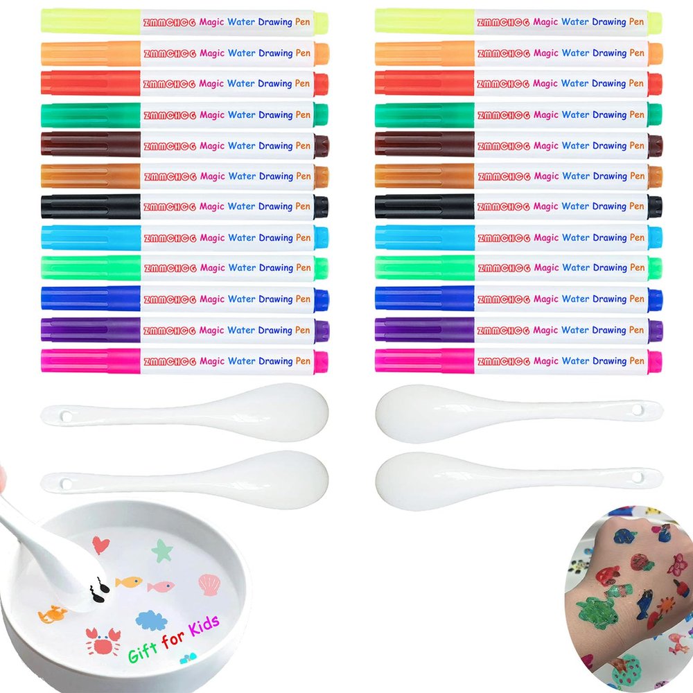 2 Sets Magical Water Painting Pens for Kids, Kiddies Create Magical Floating Drawings Bundle, 24 Magic Drawing Water Art Markers with 4 Spoons, DIY Tattoo Ink Pen Kit, Children's Gifts for Boys Girls