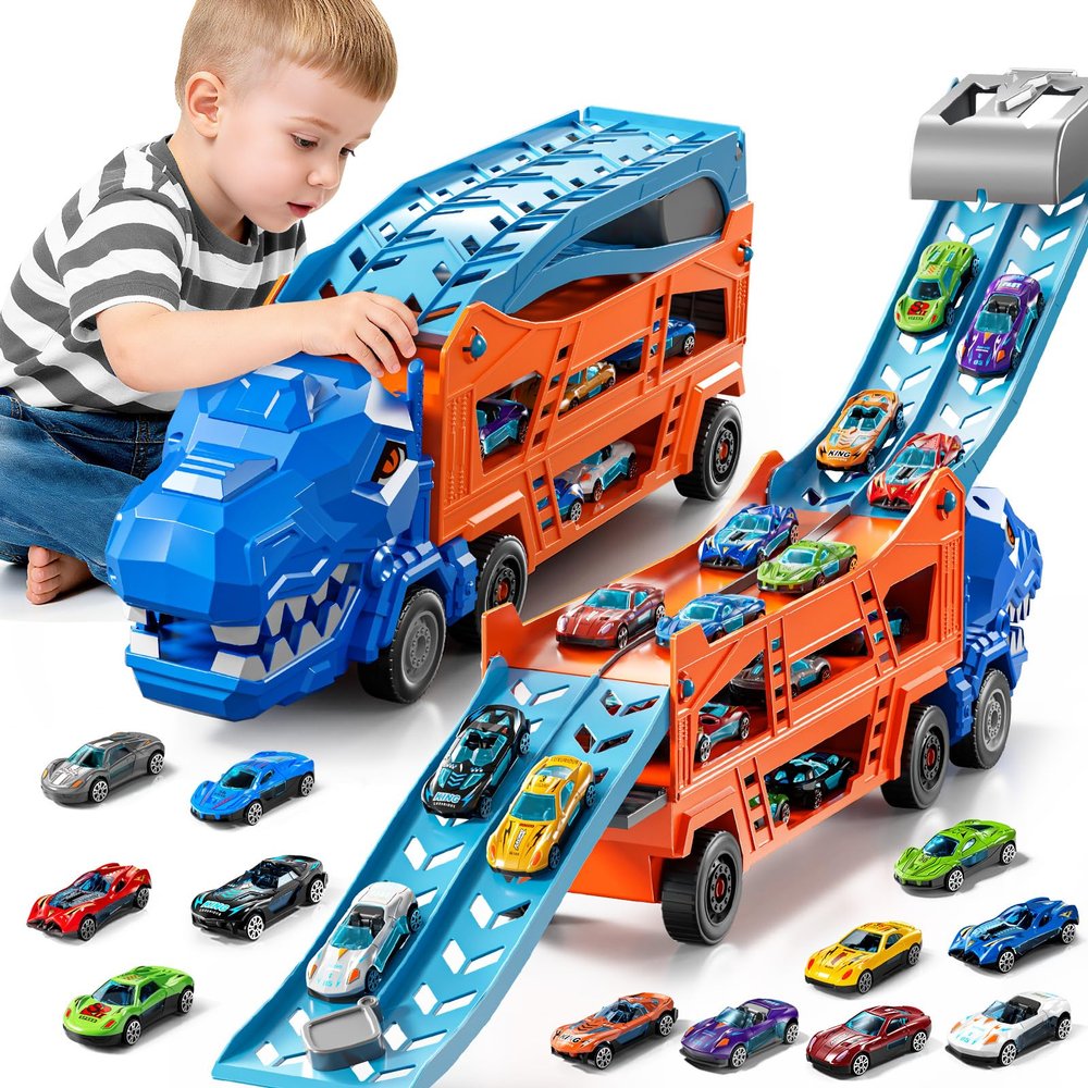 GYYCKTD Race Track Truck Toys for 3 4 5 6 7 8 Years Old Boys, 2-Tier Storage Carrier Vehicle Playset with 12 Die-Cast Racing Car Toys, Car Ramps, Birthday Gifts for Toddlers Kids Girls Age 3-5 4-8