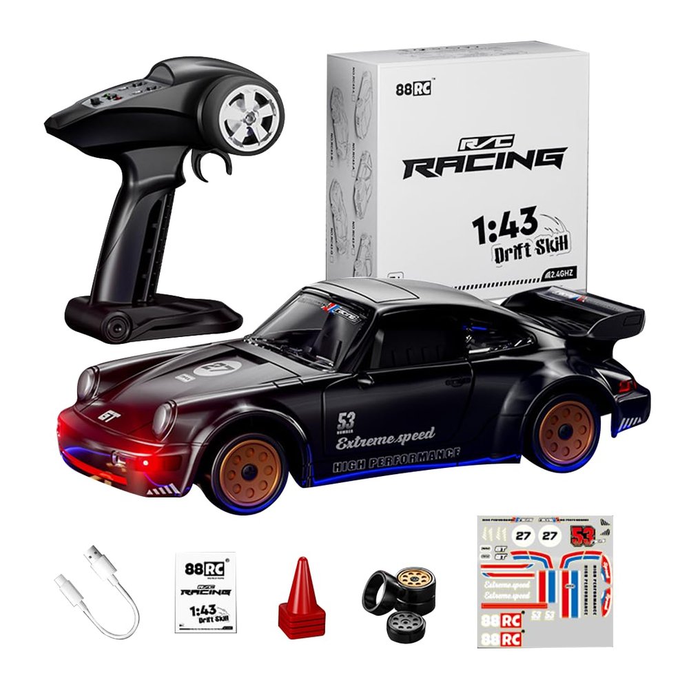 1/43 RC Drift Car for Adults, 2.4Ghz Mini Alloy Remote Control Car, Desktop RC Racing Cars Model with Openable Doors, LED Lights & Gyroscope