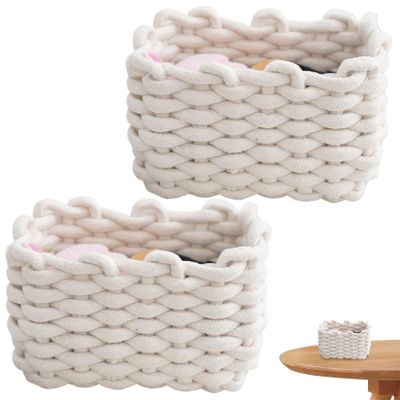 2PCS Cotton Rope Basket, 7.5x5.9x4.7" Cute Baskets, Braided Knitting Basket, Desktop Woven Baskets for Storage Remote Control, Snacks, Make-Up, Socks, Toys White