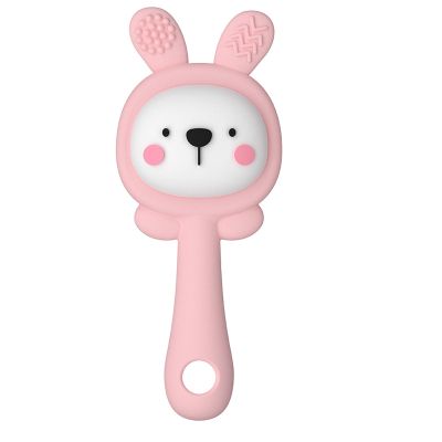 Baby Teething Toy Silicone Rabbit Shape Rattle Teether for 3 6 12 18 Months Infant Babies Teething Relief Easy to Grip Toddler Chew Toys Food Grade BPA Free Ringing Toys for Boys Girls Pink