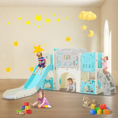 11in 1 Toddler Slide, Kid Slide for Toddlers Age 1-3 with Telescope, Basketball Hoop, and Telescope, Indoor Outdoor Playset Playground Blue Grey