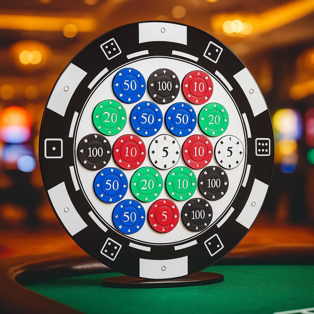 GlikCeil Casino Chip Holder 12.8'' Wall Mounted Display Case for 19 Poker Chips, Acrylic Display Frame for Coin Collectors and Supplies (Black and White, Round)