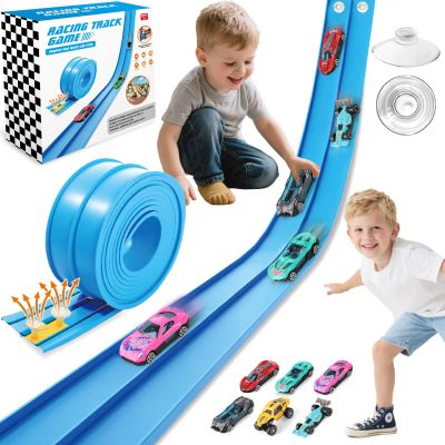 Gretex Flexible Race Track for Kids Ages 4-8: 15 Ft Flex Race Car Ramp Track With 6 Toy Cars Suction Cups, Portable DIY Racetrack Compatible With Diecast 1/64th Cars, Ideal Gift for Kids Toys Boys 3-5
