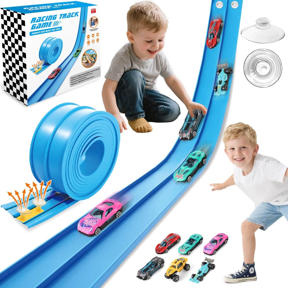 Gretex Flexible Race Track for Kids Ages 4-8: 15 Ft Flex Race Car Ramp Track With 6 Toy Cars Suction Cups, Portable DIY Racetrack Compatible With Diecast 1/64th Cars, Ideal Gift for Kids Toys Boys 3-5