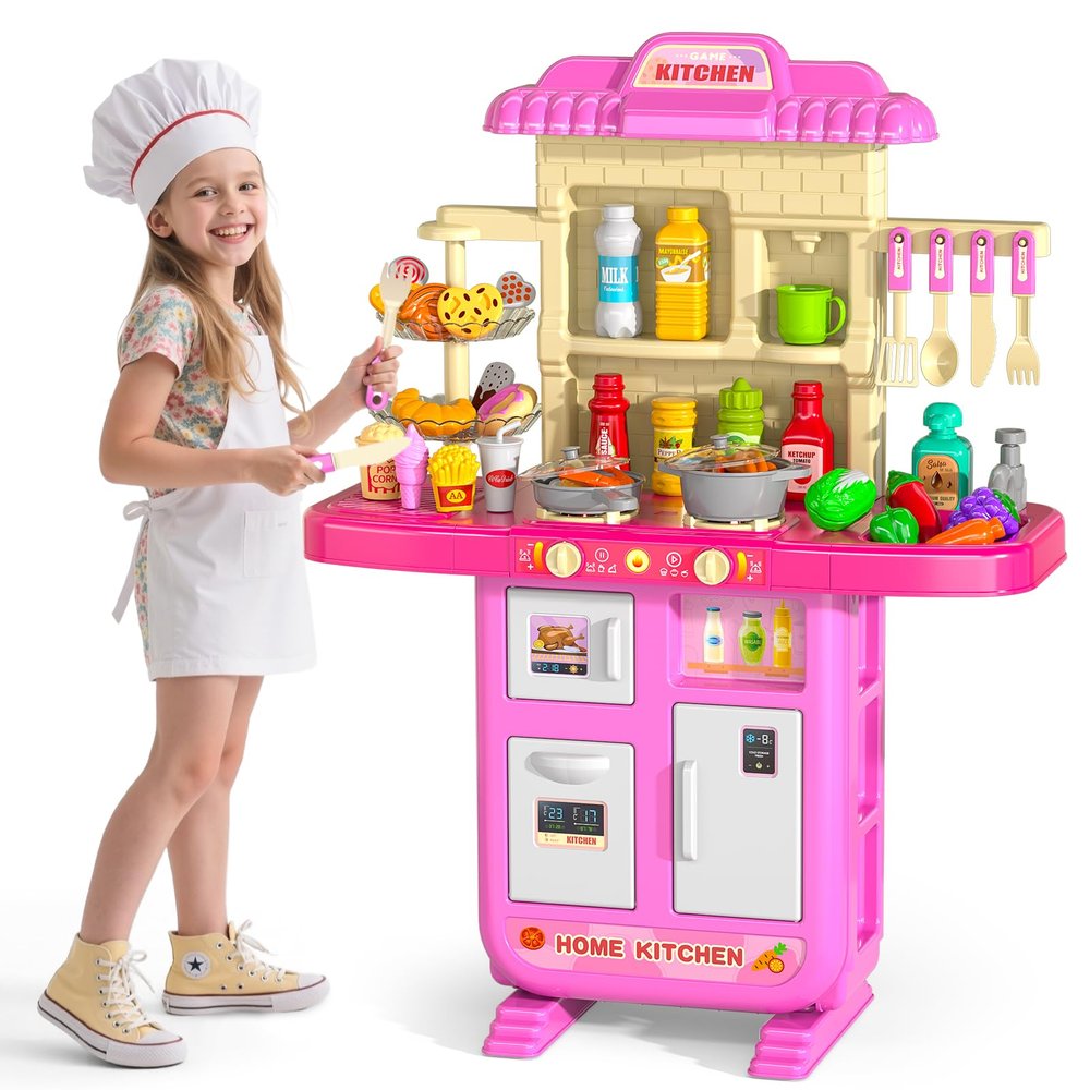 MSKOLER Play Kitchen Playset, Girls Kitchen Toys for Ages 2-6 4-8 with Light, Sound and Spraying, Sink Toy Accessories, Cooking Stoves, Pretend Food for Toddlers 1-3 3-5