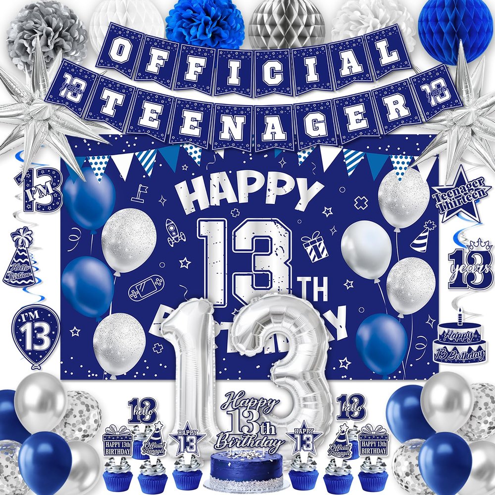 13th Birthday Decorations for Boys, 45Pcs Blue Silver Official Teenager Decorations Include Happy 13th Birthdays Backdrop Hanging Swirls 32inch 1 3 Foil Balloons for 13th Boy Girl Birthday Decor