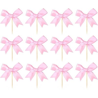 12 Pcs Bow Cupcake Toppers Pink Bow Cake Toppers Mini Bowknot Cupcake Decorations Picks for Wedding Bridal Shower Engagement Birthday Party Decor