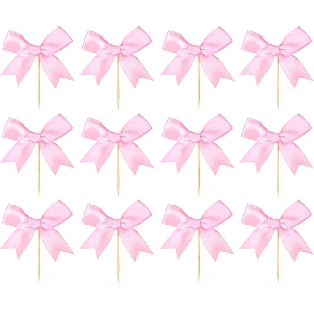 12 Pcs Bow Cupcake Toppers Pink Bow Cake Toppers Mini Bowknot Cupcake Decorations Picks for Wedding Bridal Shower Engagement Birthday Party Decor