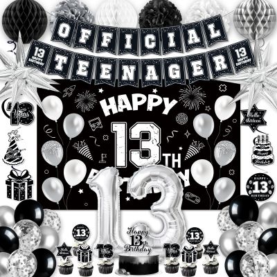 13th Birthday Decorations for Boys, 45Pcs Black White Official Teenager Decorations Include Happy 13th Birthday Backdrop Hanging Swirls 32inch 13 Foil Balloons for Boy Girl Birthday Decor 