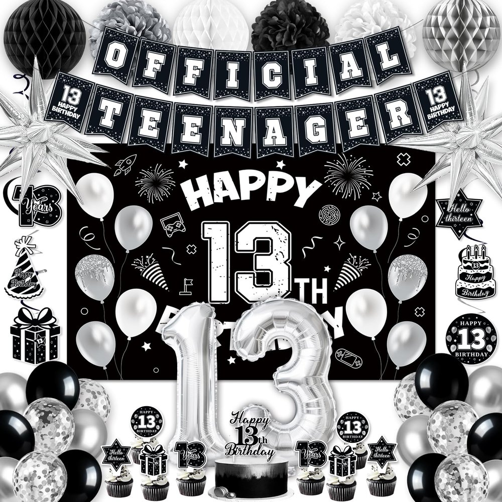 13th Birthday Decorations for Boys, 45Pcs Black White Official Teenager Decorations Include Happy 13th Birthday Backdrop Hanging Swirls 32inch 13 Foil Balloons for Boy Girl Birthday Decor