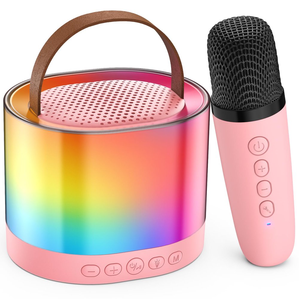 JYX Mini Karaoke Machine for Kids Adults, Portable Bluetooth Speaker with 1 Microphones, Support TF/AUX Input/4 Funny Magic Voice (Pink-1 Mic)