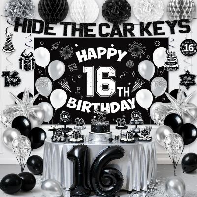 16th Birthday Party Decorations for Boys, Black White 16th Party Supplies with Hide The Car Keys Banner Black 16th Number Balloons Happy 16th Birthday Banner Cake Topper for Boys Girl Birthday Decor