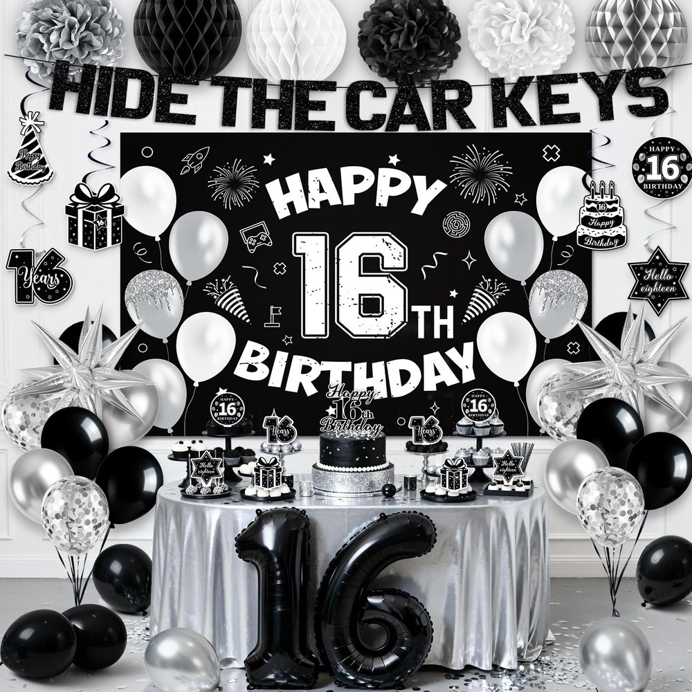 16th Birthday Party Decorations for Boys, Black White 16th Party Supplies with Hide The Car Keys Banner Black 16th Number Balloons Happy 16th Birthday Banner Cake Topper for Boys Girl Birthday Decor