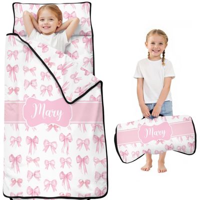 Personalized Toddler Nap Mat with Name - Pink Bow Sleeping Bag for Girls with Pillow & Blanket - Custom Daycare, Preschool & Kindergarten Nap Mat - Soft Portable Slumber Bag for Kids