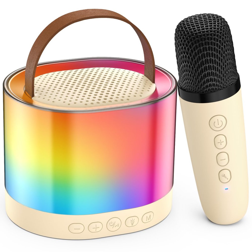 JYX Mini Karaoke Machine for Kids Adults, Portable Bluetooth Speaker with 2 Microphones, Support TF/AUX Input/4 Funny Magic Voice (Ivory White-1 Mic)