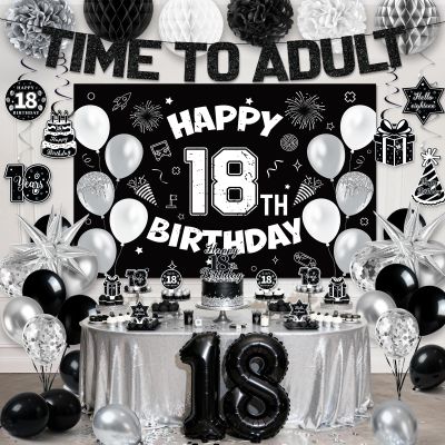 18th Birthday Decorations for Boys Girls, Black 18th Birthday Supplies Include Time To Adult Banner Happy 18th Birthdays Backdrop Cake Topper for 18 Year Old Birthday Decor