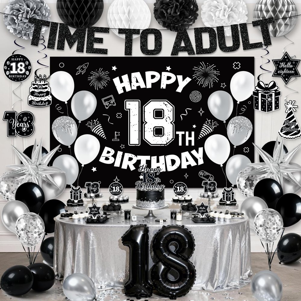 18th Birthday Decorations for Boys Girls, Black 18th Birthday Supplies Include Time To Adult Banner Happy 18th Birthdays Backdrop Cake Topper for 18 Year Old Birthday Decor
