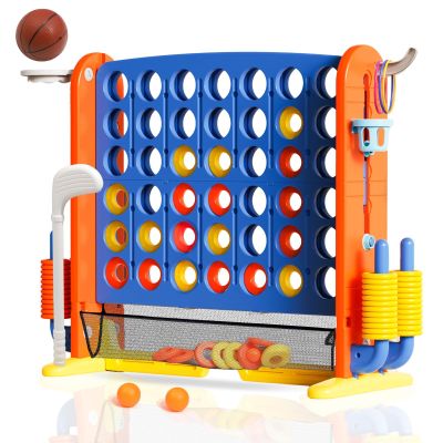 Giant 4-in-A-Row Connect Game Set, Adjustable Height Jumbo Yard Game with Golf, Basketball Hoop, Ring Toss & Mesh Pocket, Indoor & Outdoor Yard Connect Game for Kids Adults Family