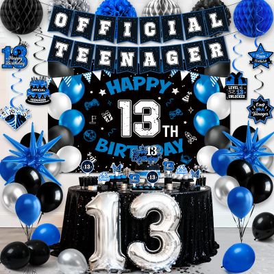 13th Birthday Decorations for Boys, 45Pcs Blue Black Official Teenager Decorations Include Happy 13th Birthday Backdrop Hanging Swirls 32inch 13 Foil Balloons Cake Toppers for Boy Birthdays Decor