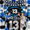 13th Birthday Decorations for Boys, 45Pcs Blue Black Official Teenager Decorations Include Happy 13th Birthday Backdrop Hanging Swirls 32inch 13 Foil Balloons Cake Toppers for Boy Birthdays Decor view 4