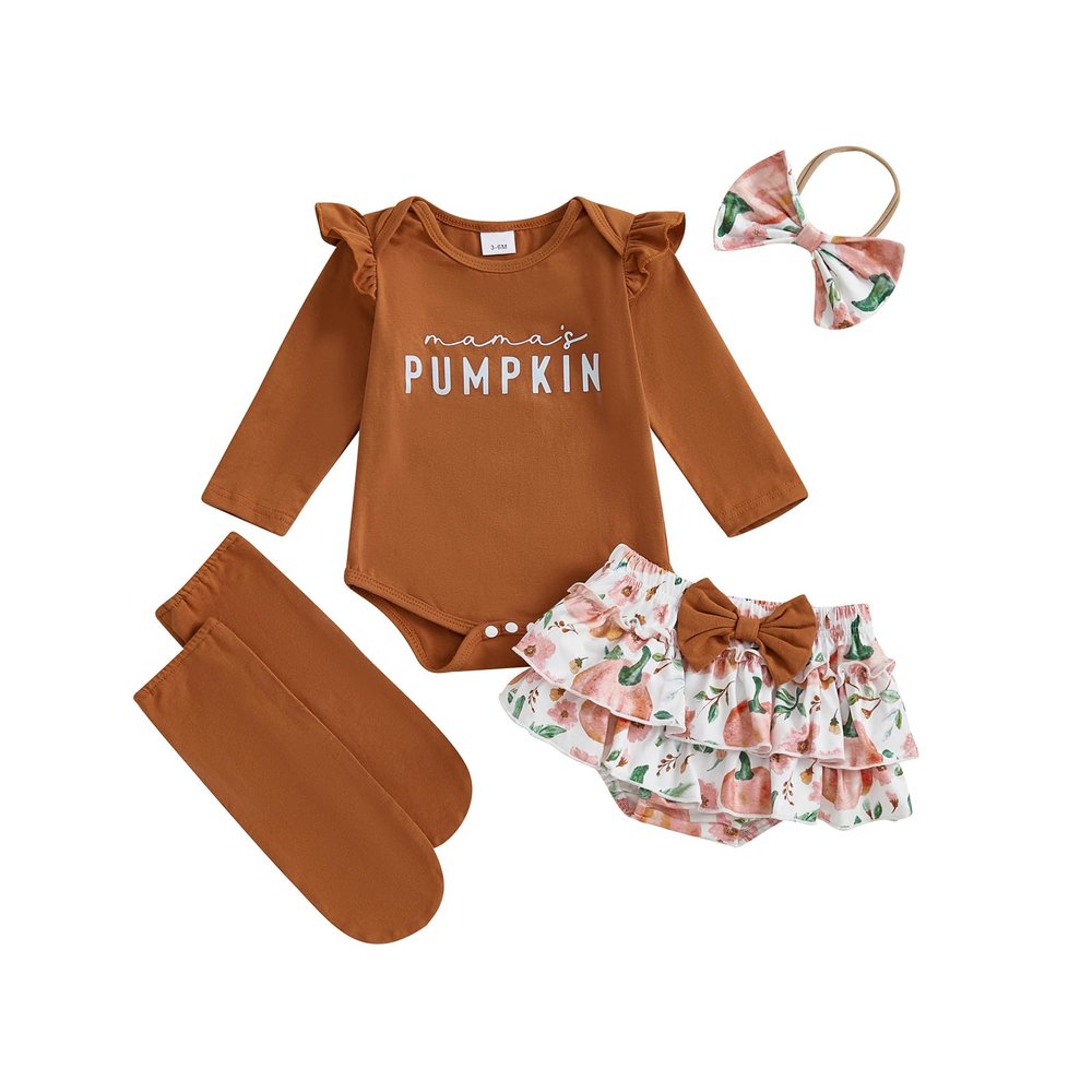 LZUBCPY My First Halloween Baby Girl Outfit Mama's Pumpkin Romper Bloomer Shorts Bow Socks Newborn Going Home Birthday Photo (Brown, 6-12 Months)