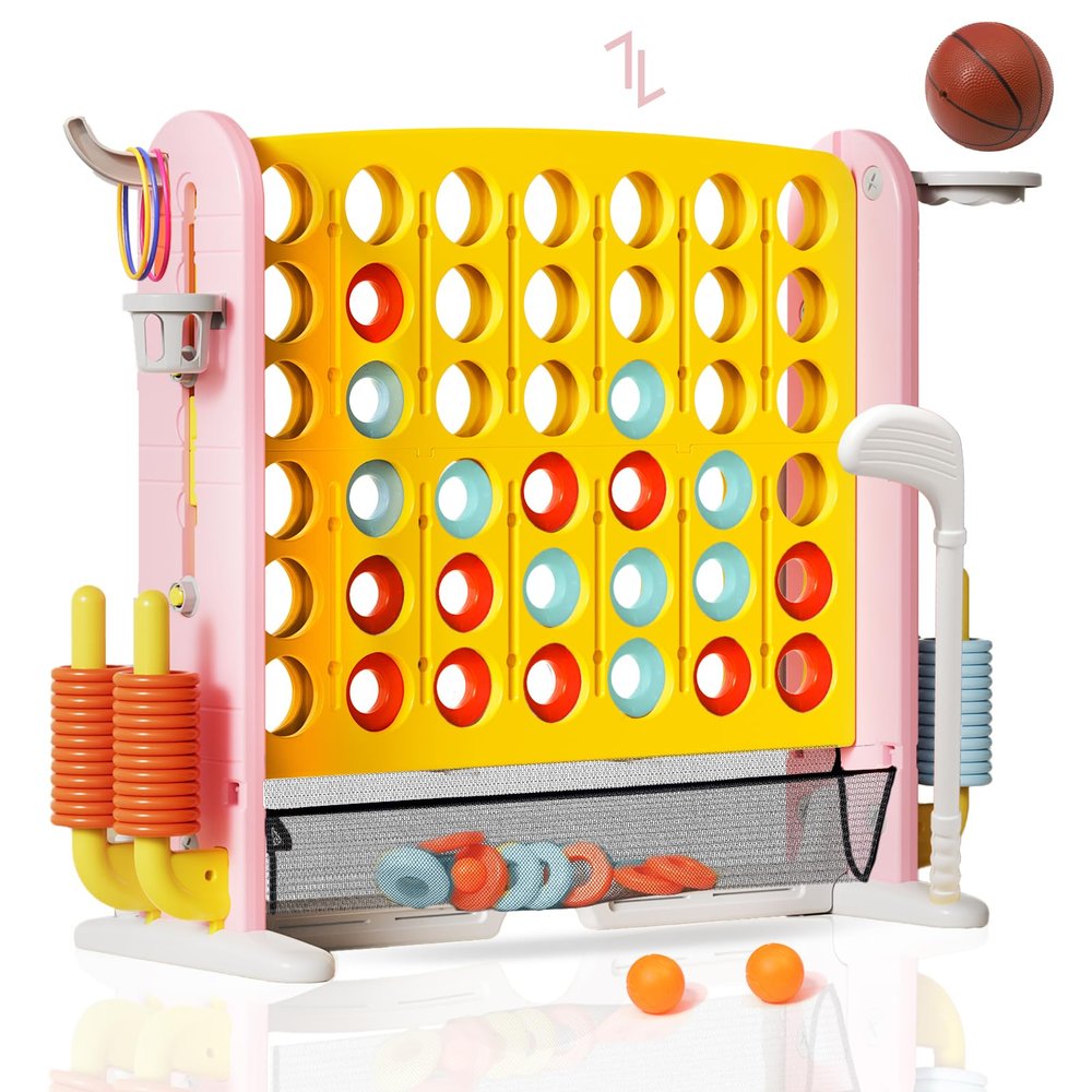 Giant 4-in-A-Row Connect Game Set, Adjustable Height Jumbo Yard Game with Golf, Basketball Hoop, Ring Toss & Mesh Pocket, Indoor & Outdoor Yard Connect Game for Kids Family and Party (New Pink)