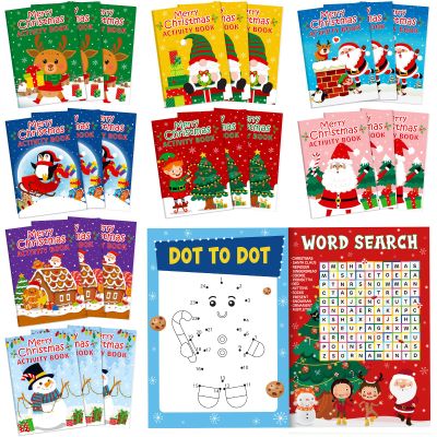 Kosiz 48 Pcs Christmas Activity Books for Kids Christmas Santa Mini Games Coloring Book Set Bulk Mazes Word Search Word Scramble Games for Xmas Stockings Goodie Bags Fillers Holiday Party Supplies