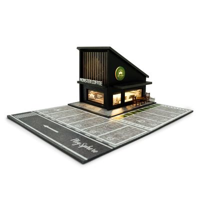 1/64 Scale Wheels die-cast Model car Display case with LED Lights and Acrylic Cover, Featuring a Miniature Parking lot Scene and Storage Garage Box with Parking Spaces (Coffee Shop)