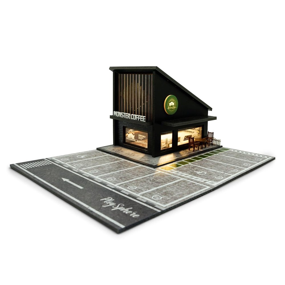 1/64 Scale Wheels die-cast Model car Display case with LED Lights and Acrylic Cover, Featuring a Miniature Parking lot Scene and Storage Garage Box with Parking Spaces (Coffee Shop)